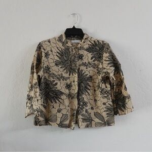 Bryn‎ Walker Floral Linen Button-Front Top – Size S, Beige/Black, Made in USA